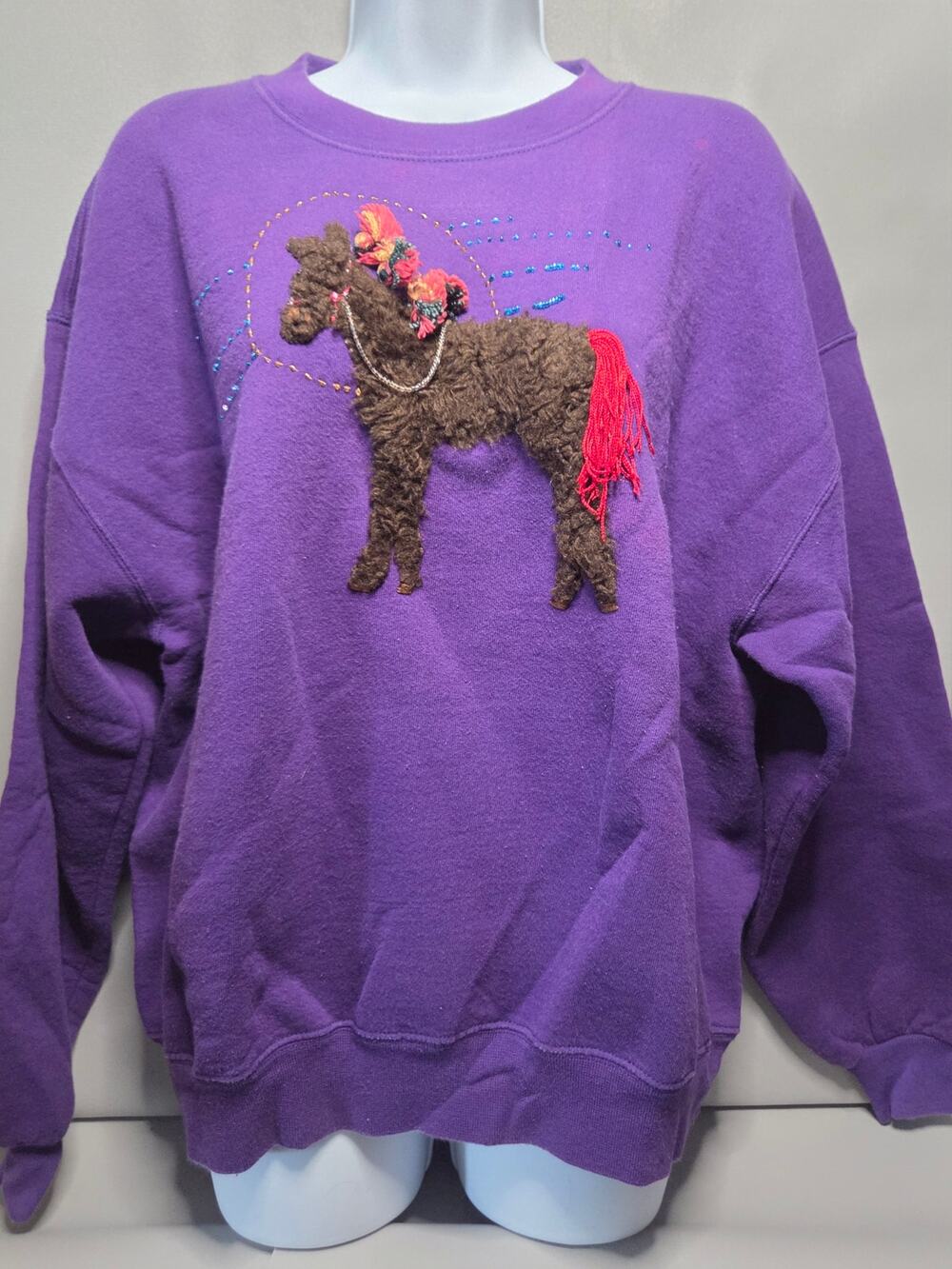 Vintage Jerzees Horse Sweatshirt Large Purple 3D Applique Beaded USA Western 158